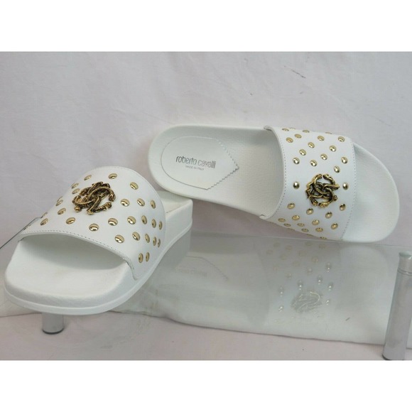 ROBERTO CAVALLI WHITE LEATHER SNAKE MEDALLION LOGO STUD SANDAL 44.5 / 11.5 ITALY main image 2
